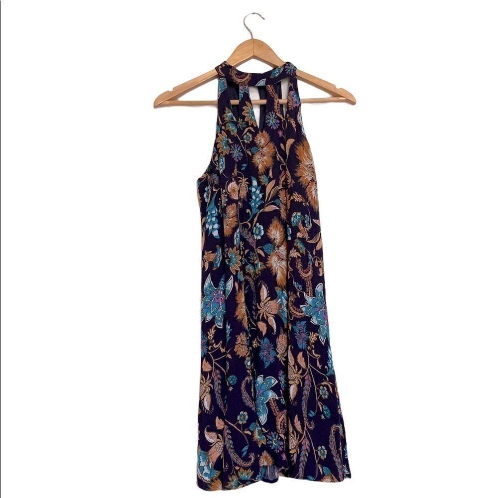Xhilaration Navy Floral Mini Dress with Teal & Mustard Accents